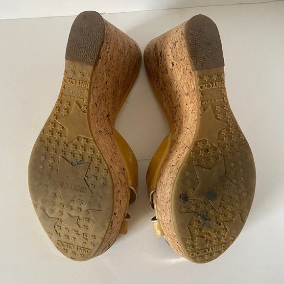 Jimmy Choo Y2K Patent Leather Tan Crossover Mule Cork Wedge Sandals • Size 39.5 - Picture 4 of 9